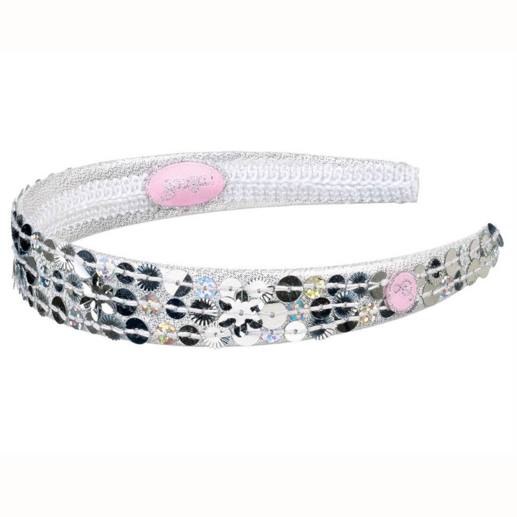 Child's headband covered in silver sequins.