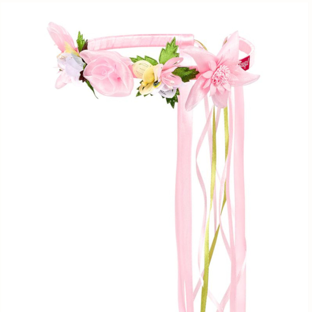 Child's pink hairband with attached flowers and trailling ribbons