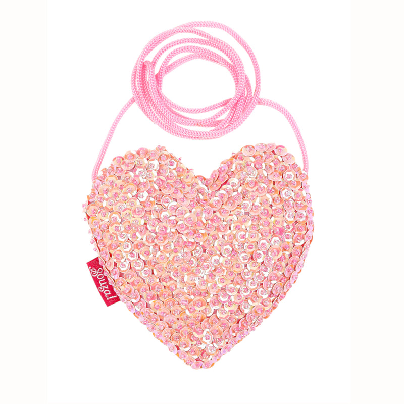 Child's heart shaped purse covered with pink sequins. Closes with a zip and has a long cord strap.