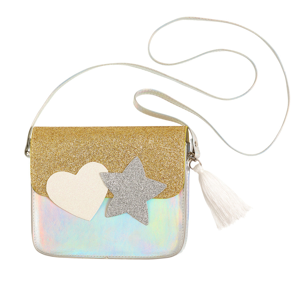 Child's faux leather purse with long strap. Decorated with glitter hear and star