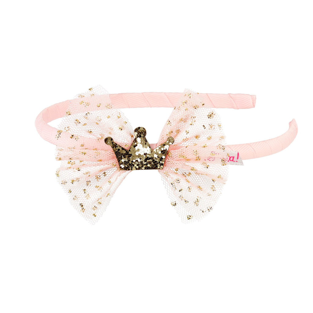 Child's pink headband with net bow and gold glitter crown