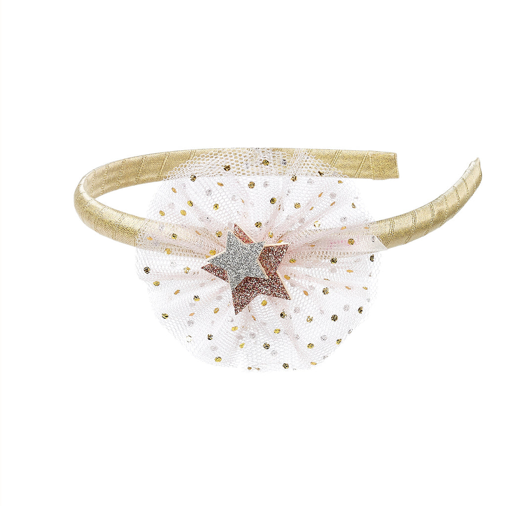 Child's gold fabric covered headband with net frill and glitter stars