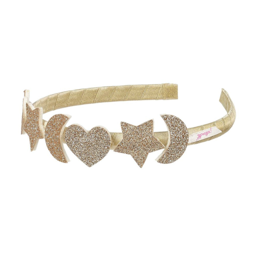 Child's gold headband with attached glitter hearts, moons and stars