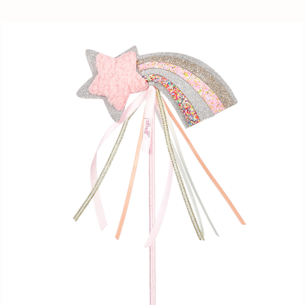 Child's wand with padded star and rainbow and trailing ribbons.