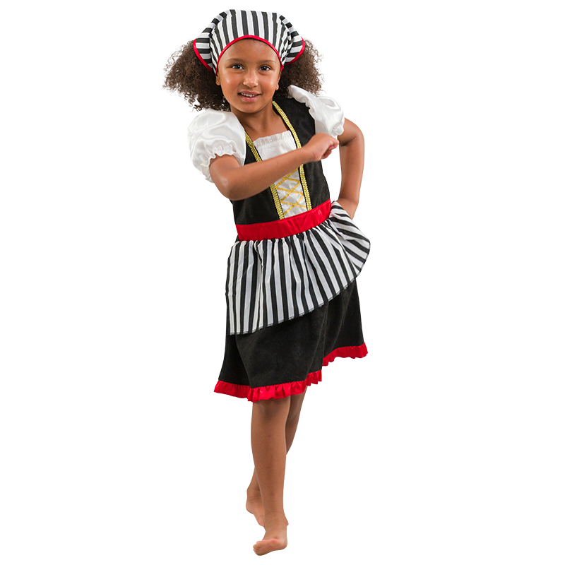 Child's Pirate girl costume including a white bluse with attached waistcoat, skirt with striped peplum and matching headscarf