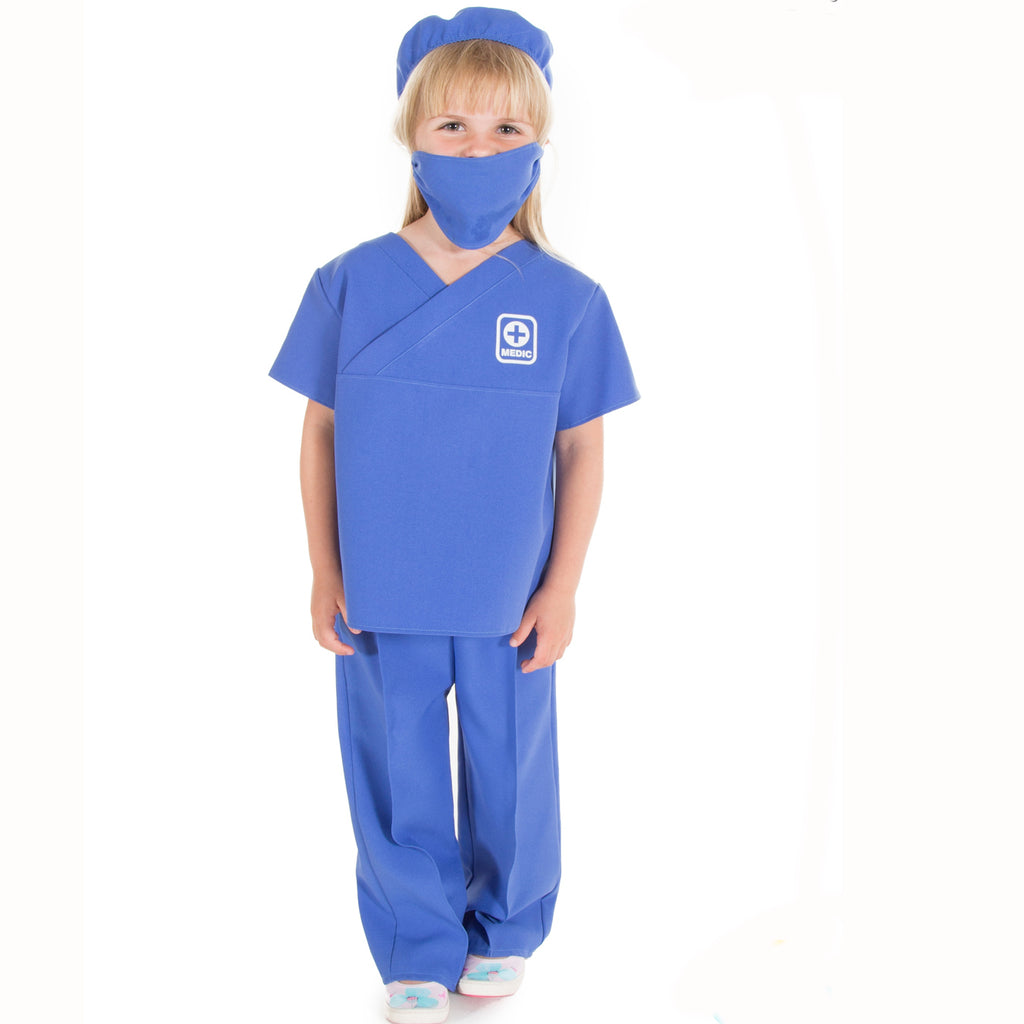 Child's royal blue medic costume. 4 piece scrubs set with tunic top, trousers, mask and hat.