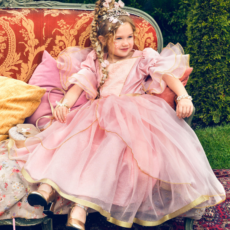 Child's full lenght pink princess dress with embellished bodice, frilled sleeves and a layered skirt