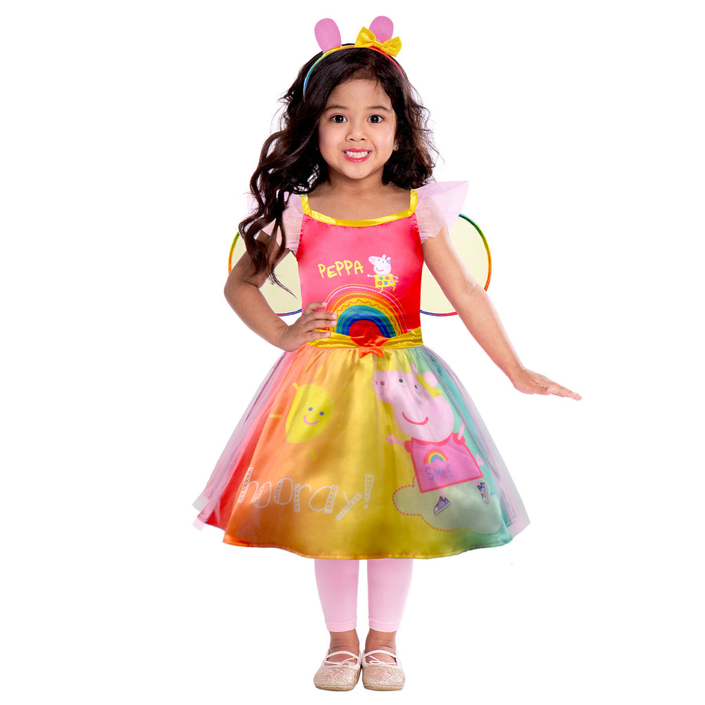 Toddler and Child's Peppa Pig fairy dress in a rainbow print.  Dress, wings and headband