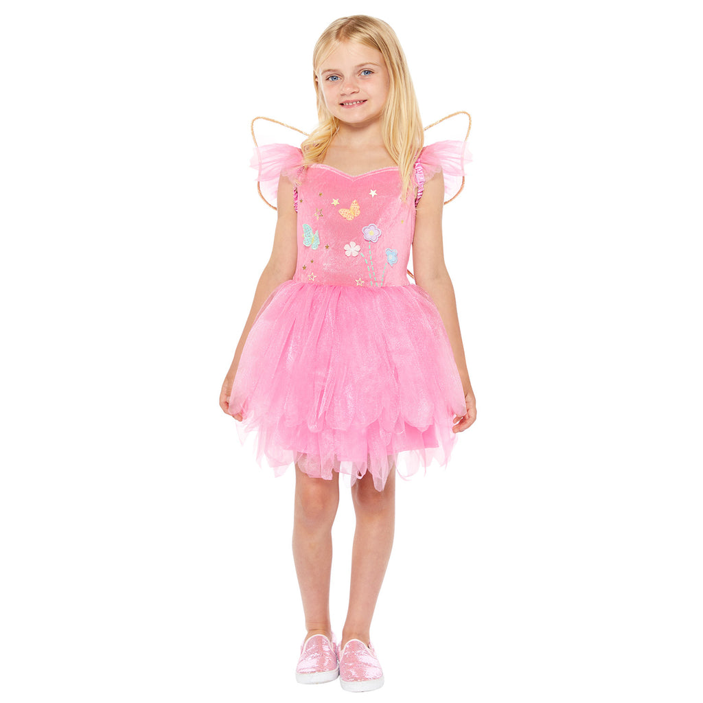 Child's pink fairy dress and wings decorated with flowers and butterflies