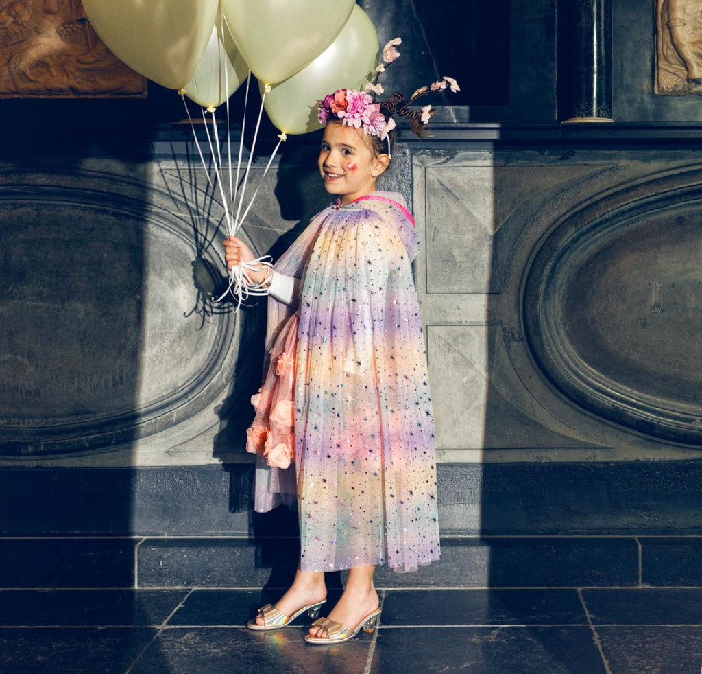 Child's hooded organza dressing up cape in rainbow colours and covered in sequins