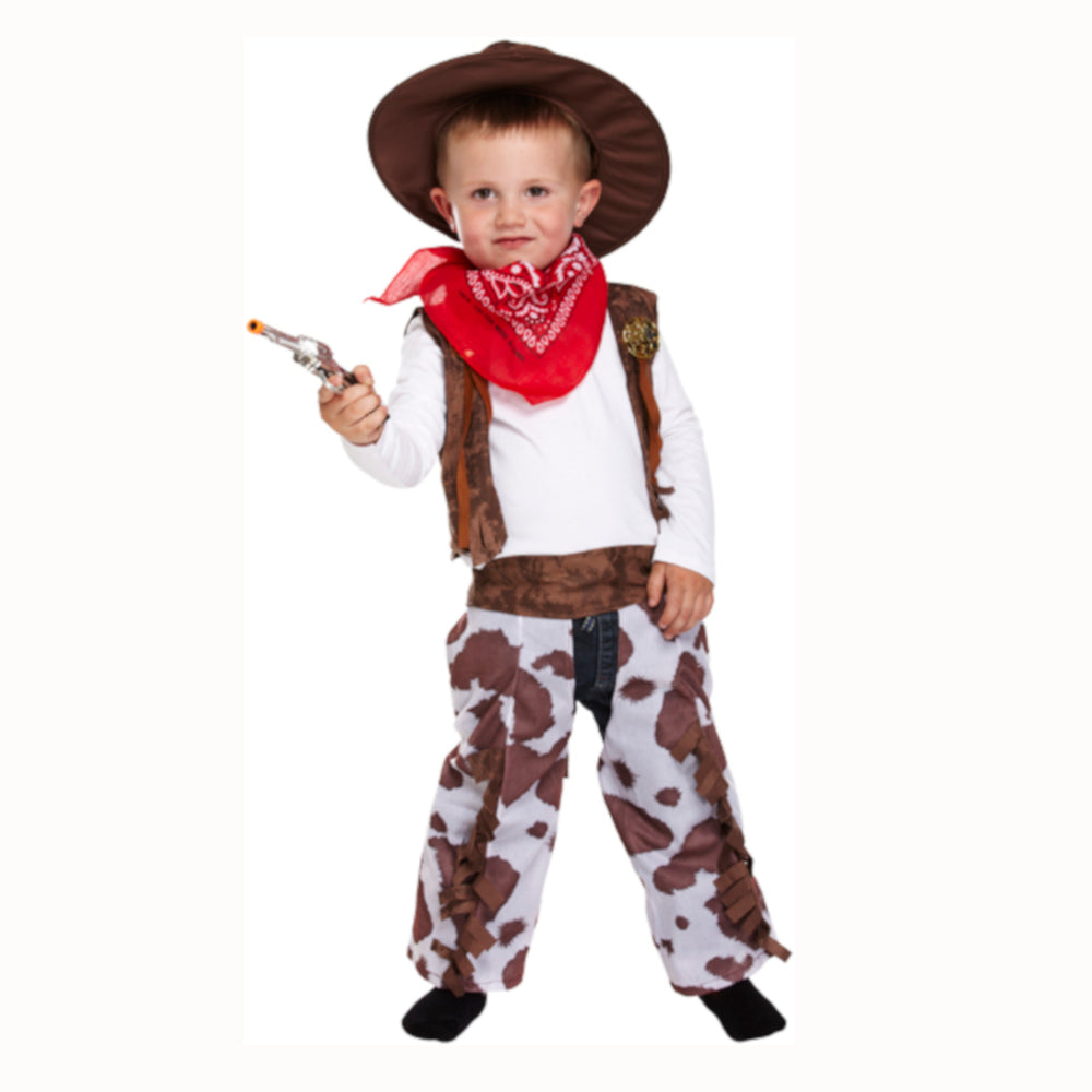 Toddler cowboy outfit with waistcoat, cow print chaps, hat and bandana