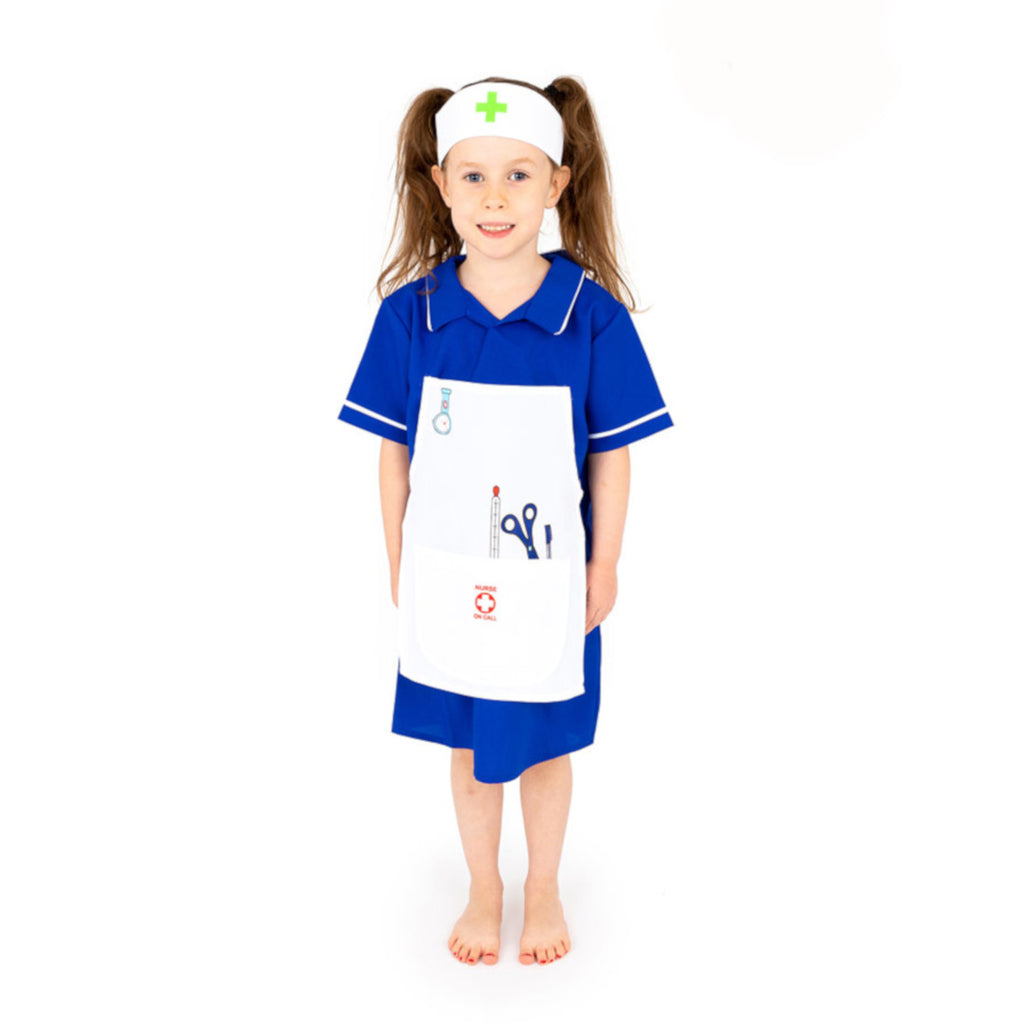 Child's classic nurse costume. Dress with attached apron with pocket and matching hat.