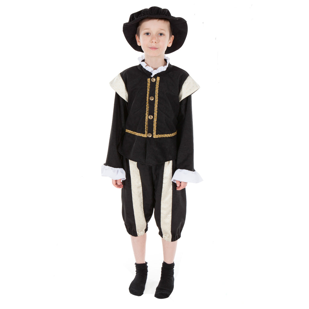 Child's three piece Tudor Prince costume. Jacket with frilled sleeves,  cropped trousers and elasticated bonnet.