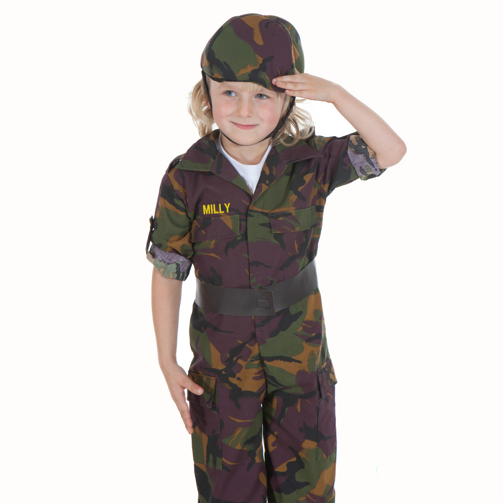 Child's Soldier all in one suit in camouflage fabric. Personalised with child's name
