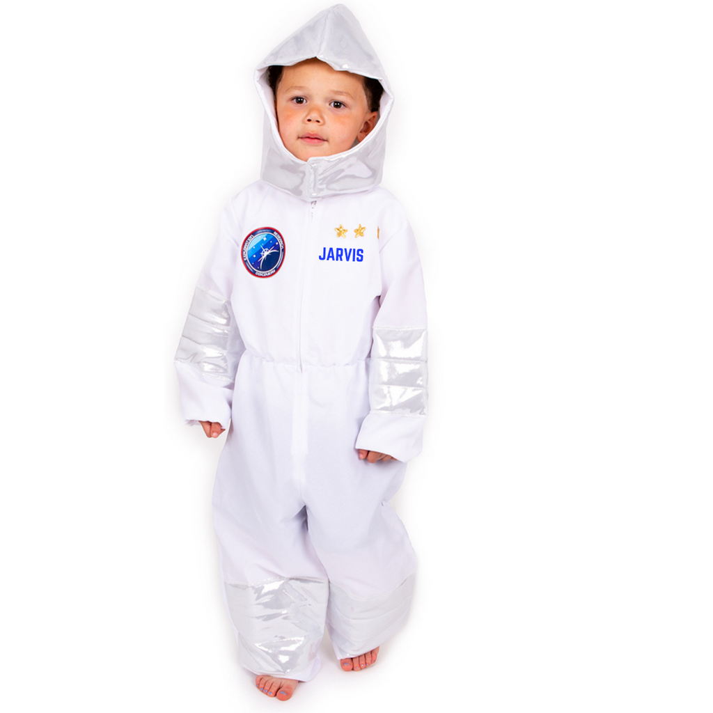 Childs padded all in one white astronaut suit with hood and space themed graphics.