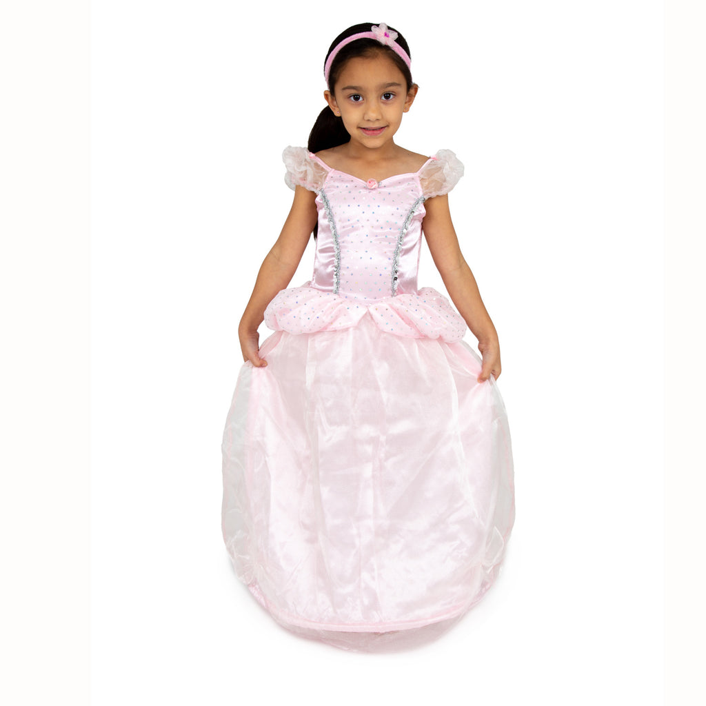 Child's full lenght pink princess dress with puffed sleeves and silver trim