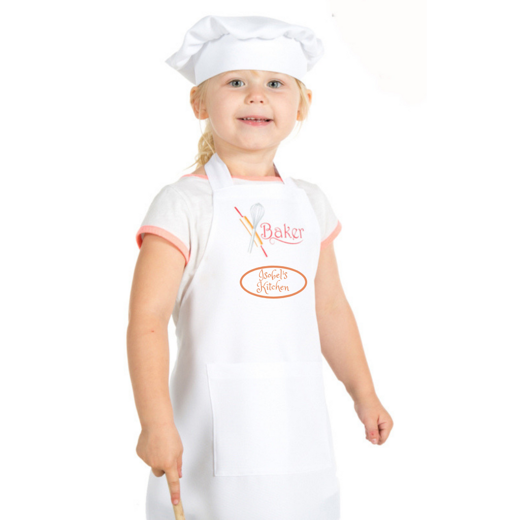 Child's apron and chef's hat set with baker logo
