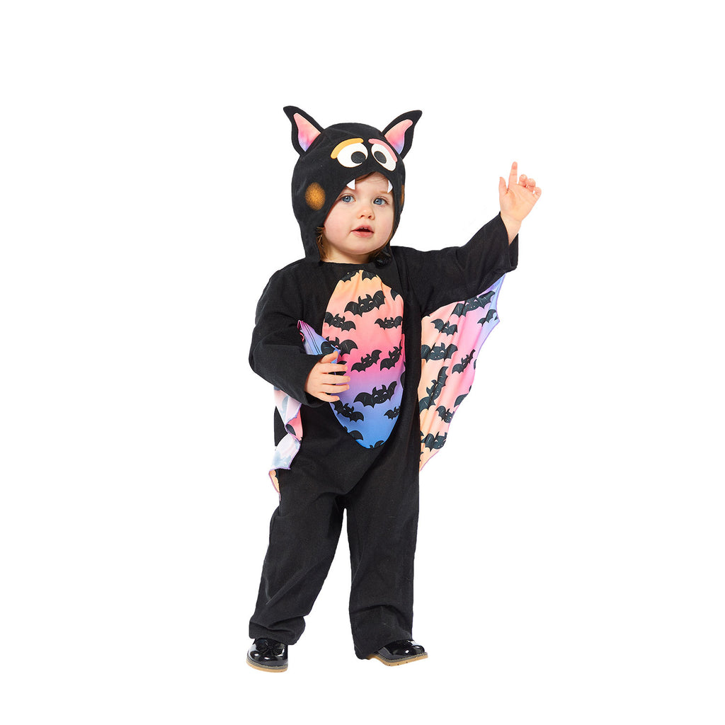 Toddler all in one bat costume with bat print, attached wings and character hood