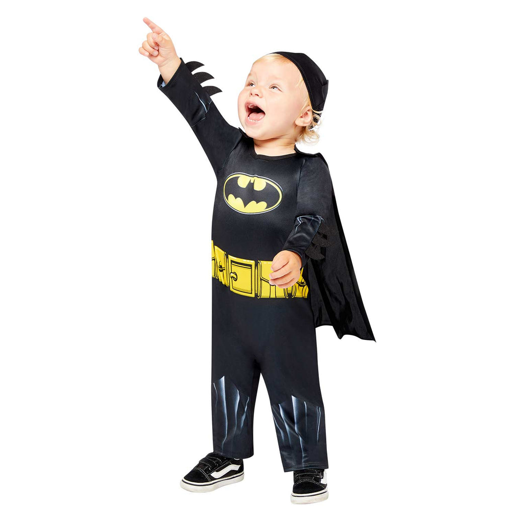 Classic Baby and Toddler Batman Costume- Black bodysuit with yellow belt and batman logo, attached cape and matching hat