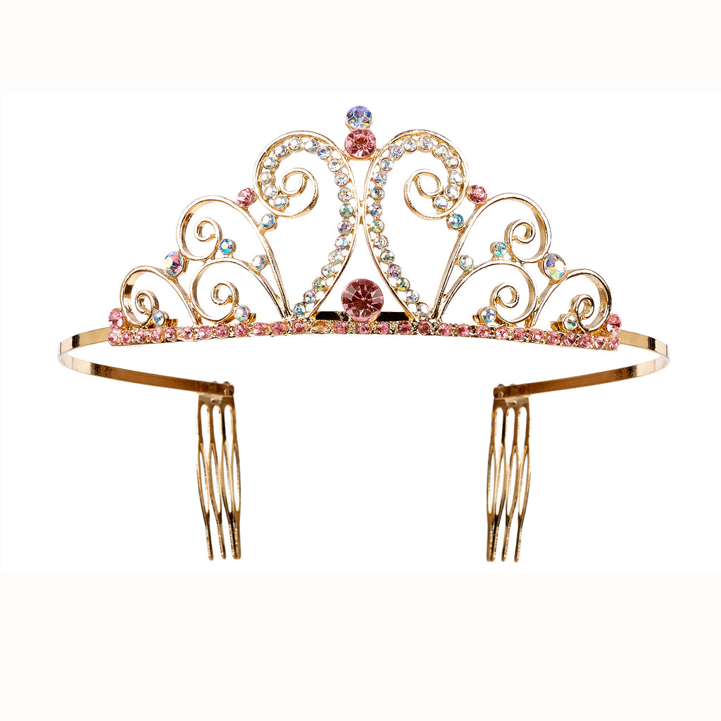 Child's gold metal tiara with sparkly jewels.