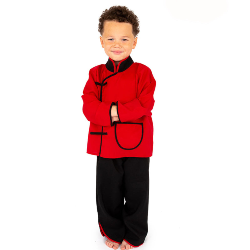 Child's Chinese style costume including a red mandarin style jacket and black trousers