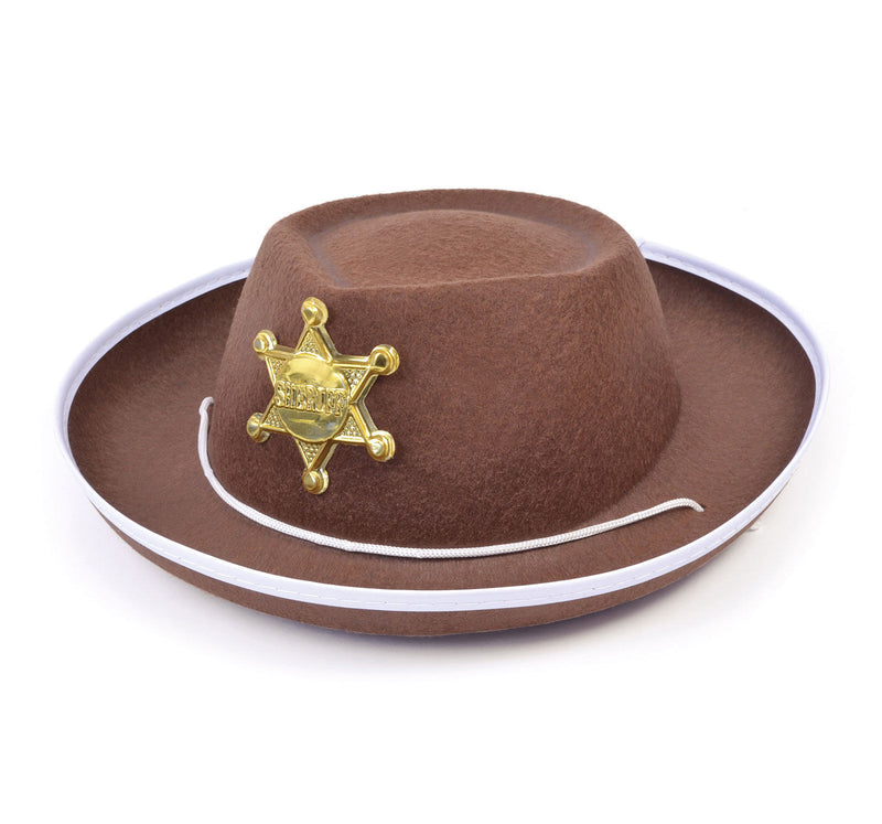 Child's brown felt cowboy hat with gold sheriff badge