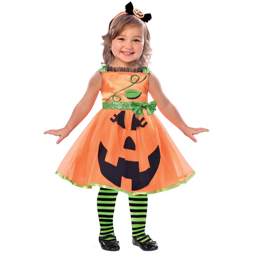 Todder's Halloween dress in an orange pumpkin print. Includes a matching headband