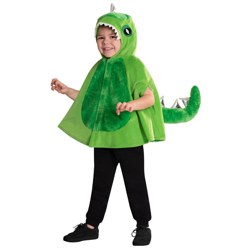 Green child's dinosaur cape with character hood, padded tail and spikes.
