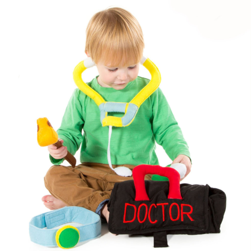 Children's soft felt play medical accessories in a fabric bag.