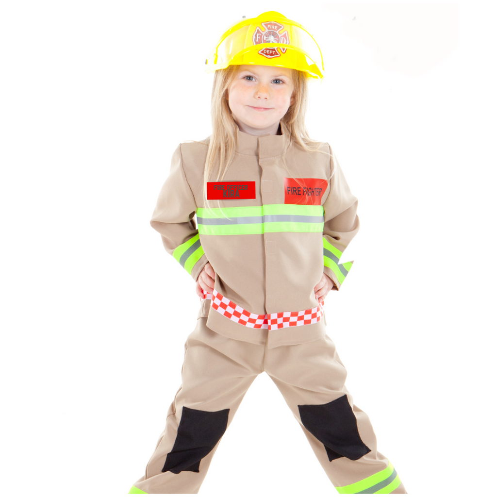 Child's Fire & Rescue costume. Jacket, trousers and yellow helmet. Jacket is personalised with child's name.