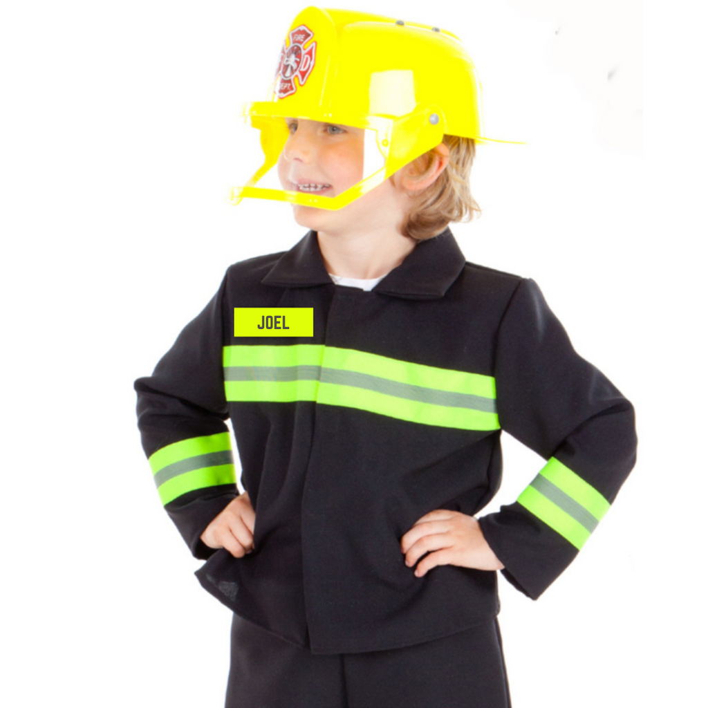 Child's Fire Fighter costume. Jacket, trousers and hat. Personalised with child's name