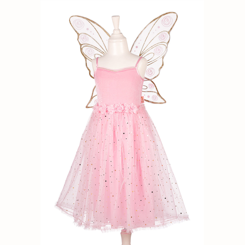 Child's pink dress with fairy wings, Dress has pink velour bodice with attached flowers, full layered skirt with sequins.