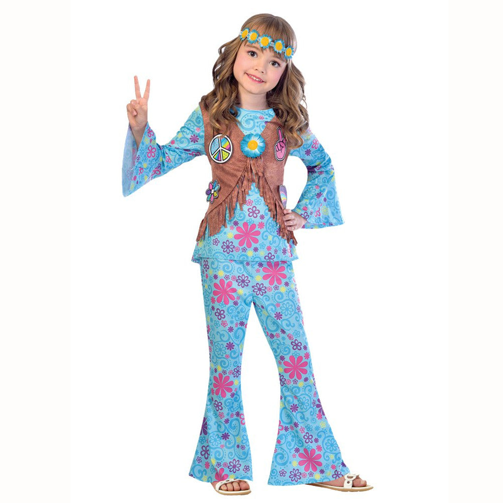 Child's 1960's hippie costume. Tunic with attached waistcoat, bell bottomed trousers and headband