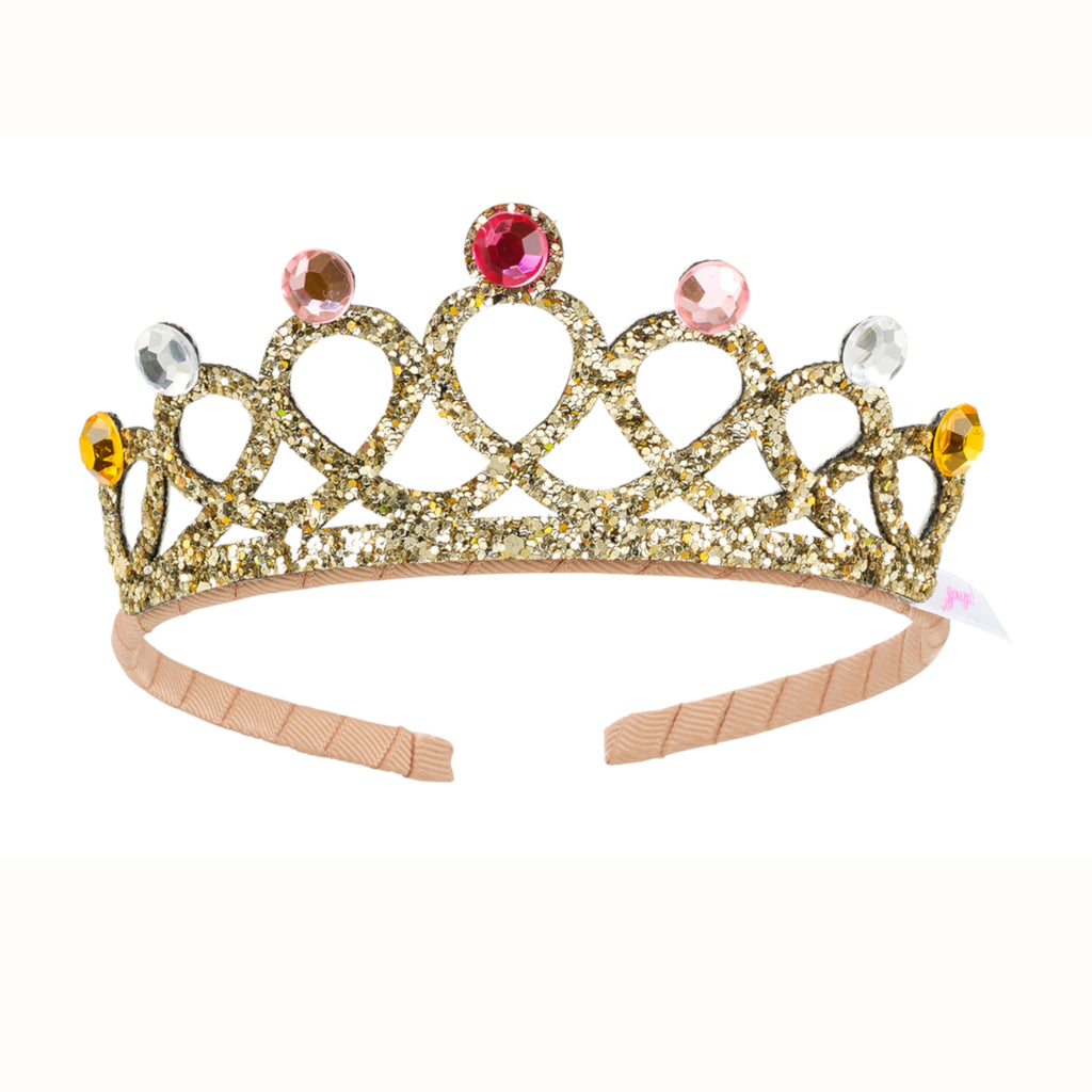 Child's tiara covered in gold glitter and sparkly jewels