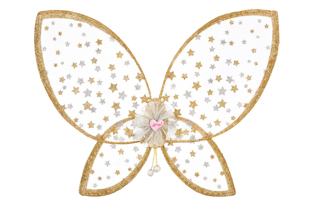 Pair of child's fairy wings.  Wire framed and decorated with gold and silver glitter stars.