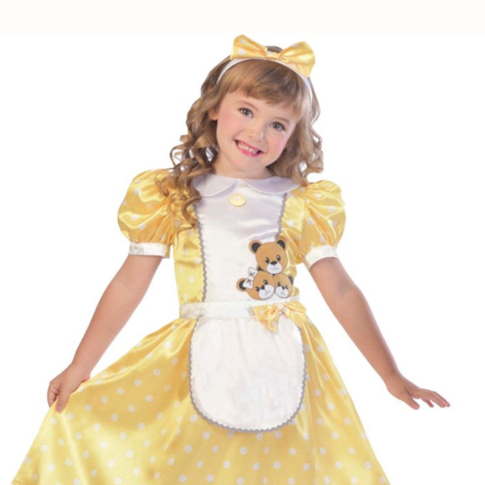 Child's Goldilocks costume. Yellow dress with apron print and matching headband