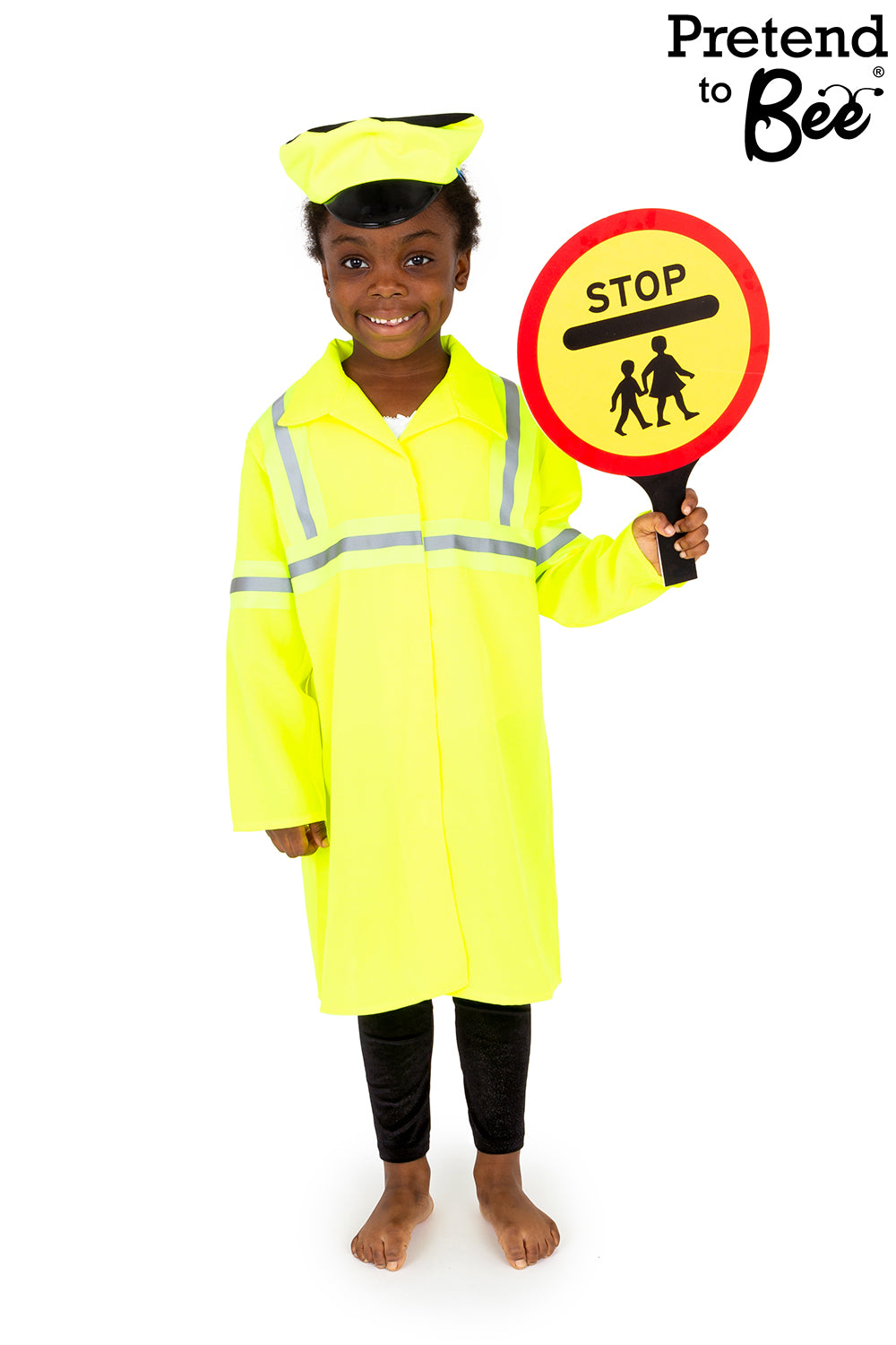 Child's Crossing Patrol outfit with reflective stripes. Long jacket, hat and "stop" sign
