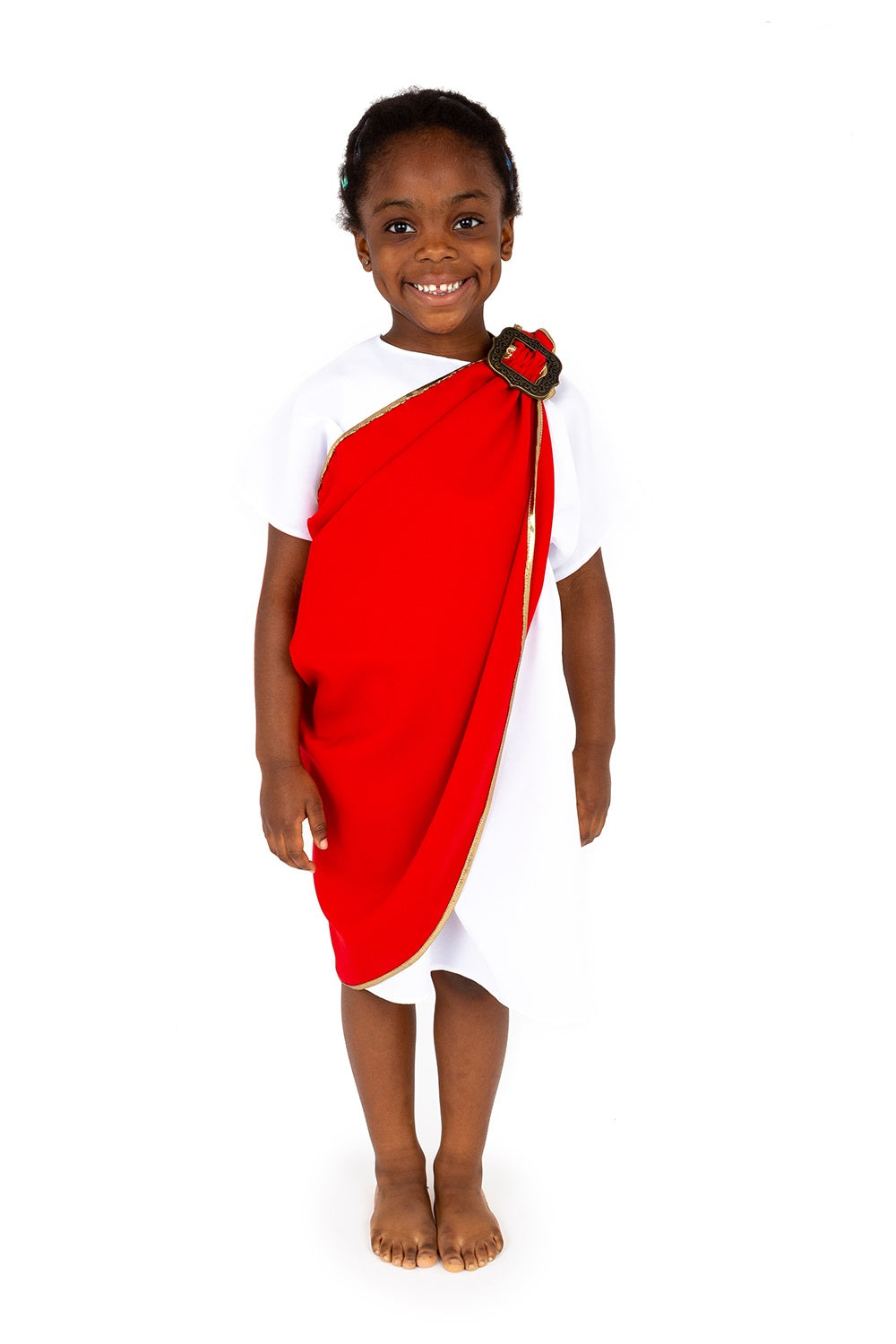 Child's Roman Emperoe costume. White tunic with red toga with a decorative brooch on the shoulder