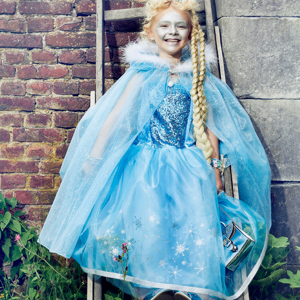 Children's Blue organza layered cape with hood. Fastens at the neck and trimmed with faux fur