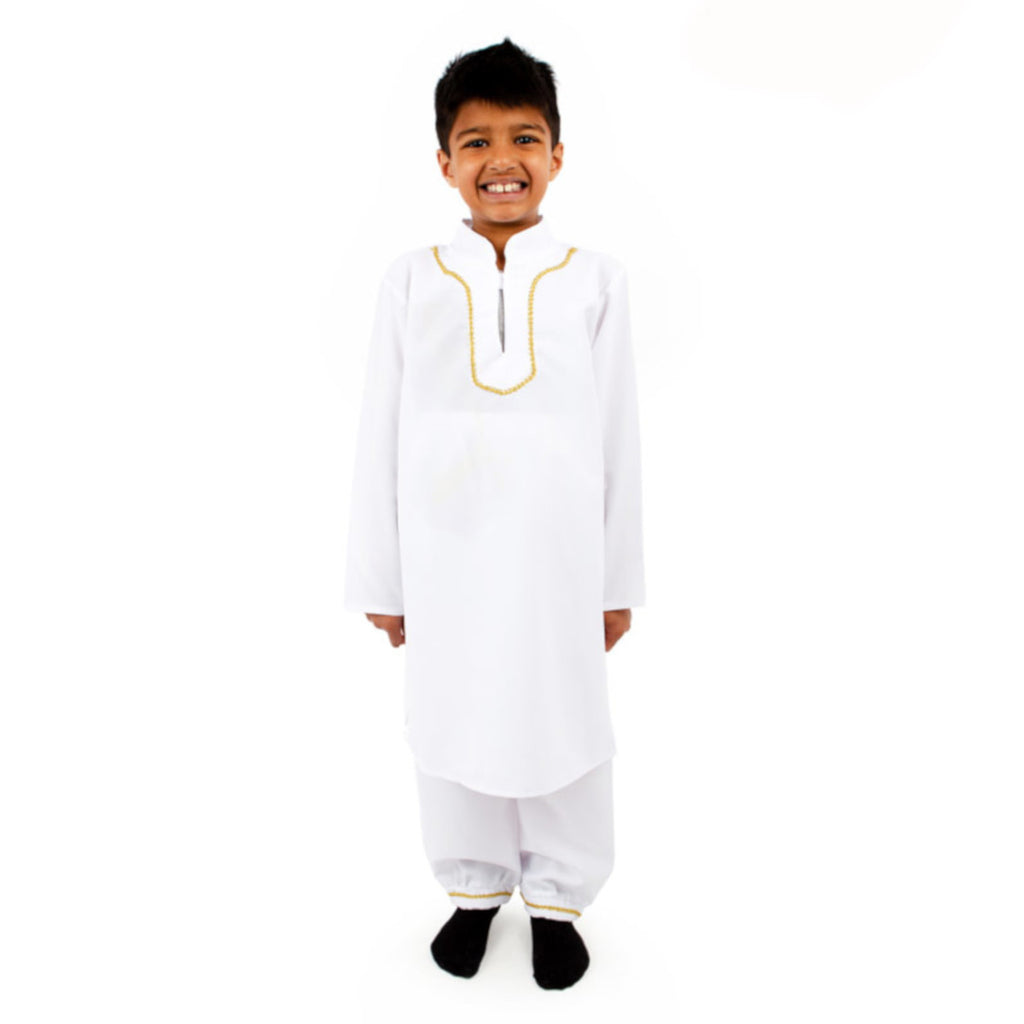Child's traditional Indian boy kurta costume.  Long white tunic and cuffed trousers.
