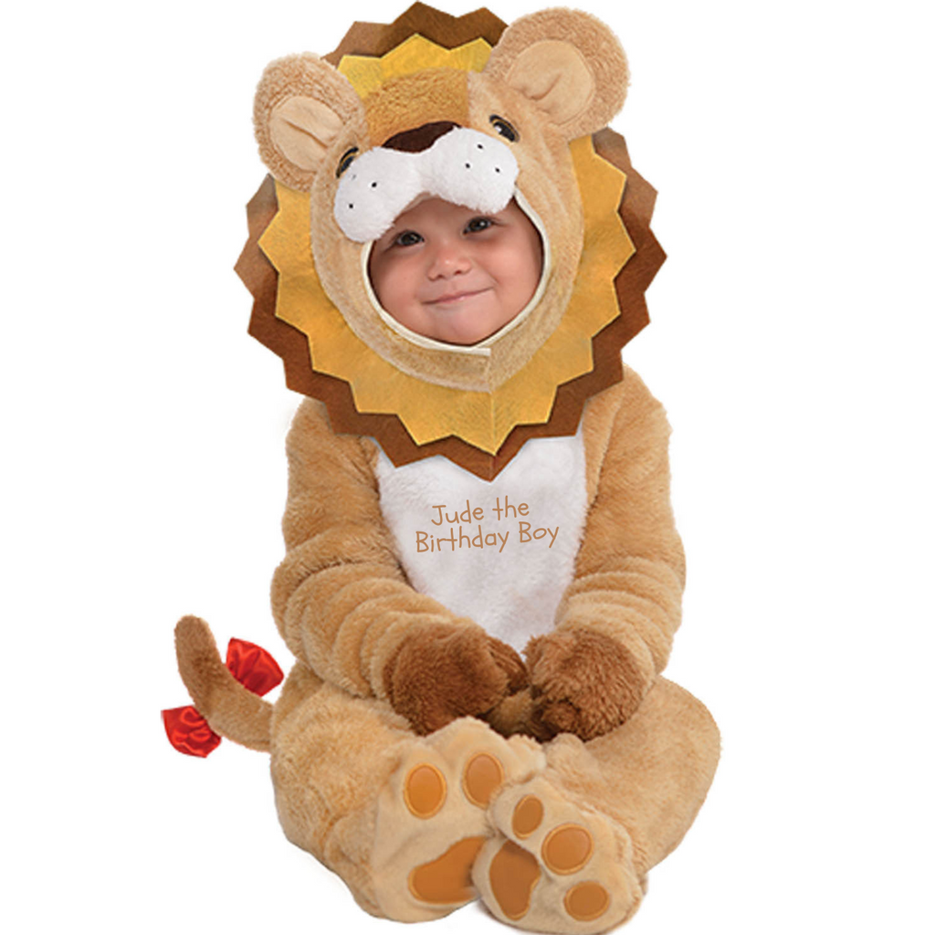 Baby's lion costume. Bodysuit and character hood. Personalised with baby's name