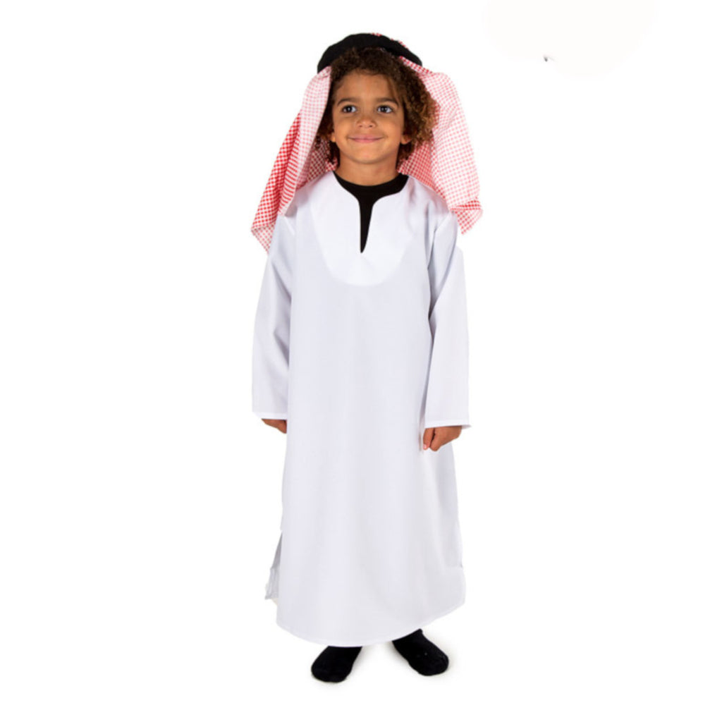 Child's white Middle Eastern boy costume. Thobe and headpiece