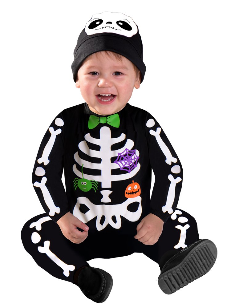 Baby and Toddler Mini Bones skeleton costume. All in one Baby Halloween costume. Jumpsuit with hood