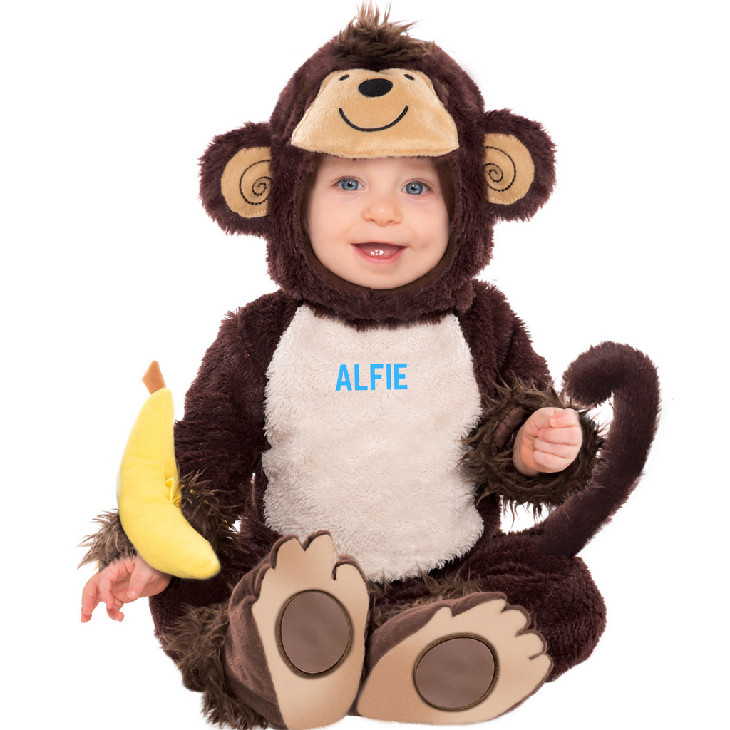 Baby's Monkey costume. Bodysuit and character hood. Personalised with baby's name