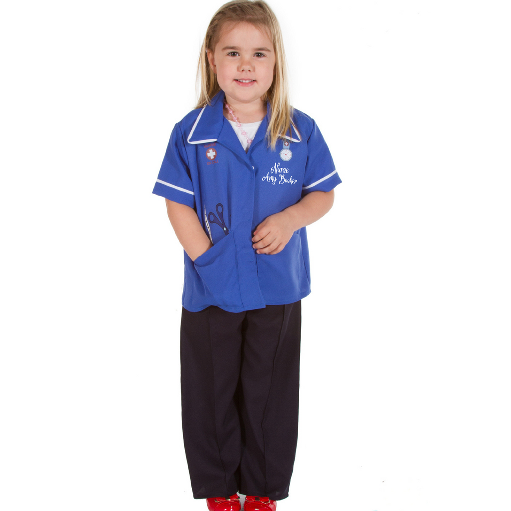 Child's nurse costume. Jacket with medical graphics and personalised with child's name