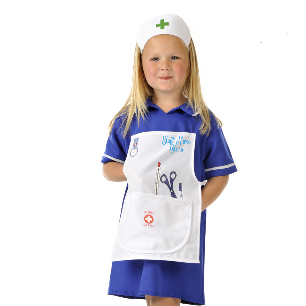 Child's classic nurse costume. Dress with attached apron with medical icons. Printed with child's name.