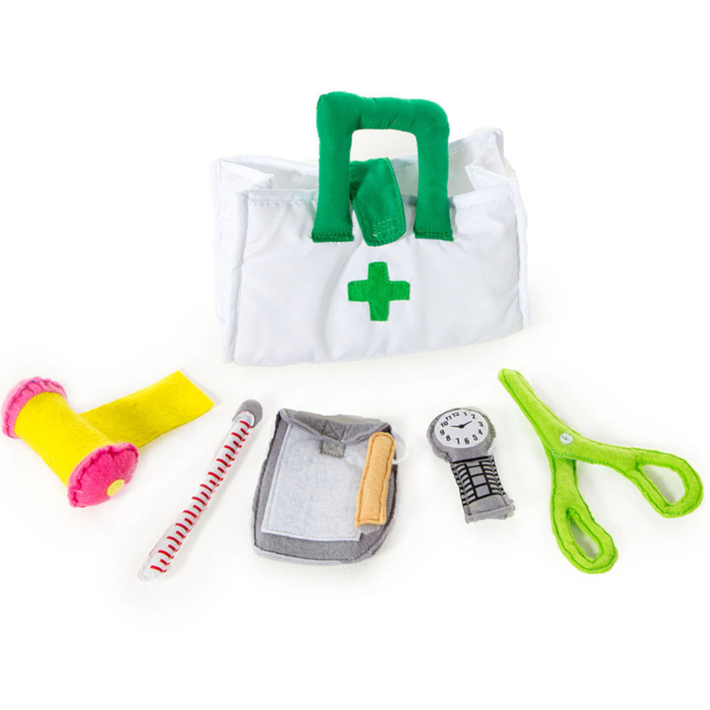 Set of five felt soft accessories in a fabric bag. Scissors, bandage, thermometer, notebook and stopwatch.
