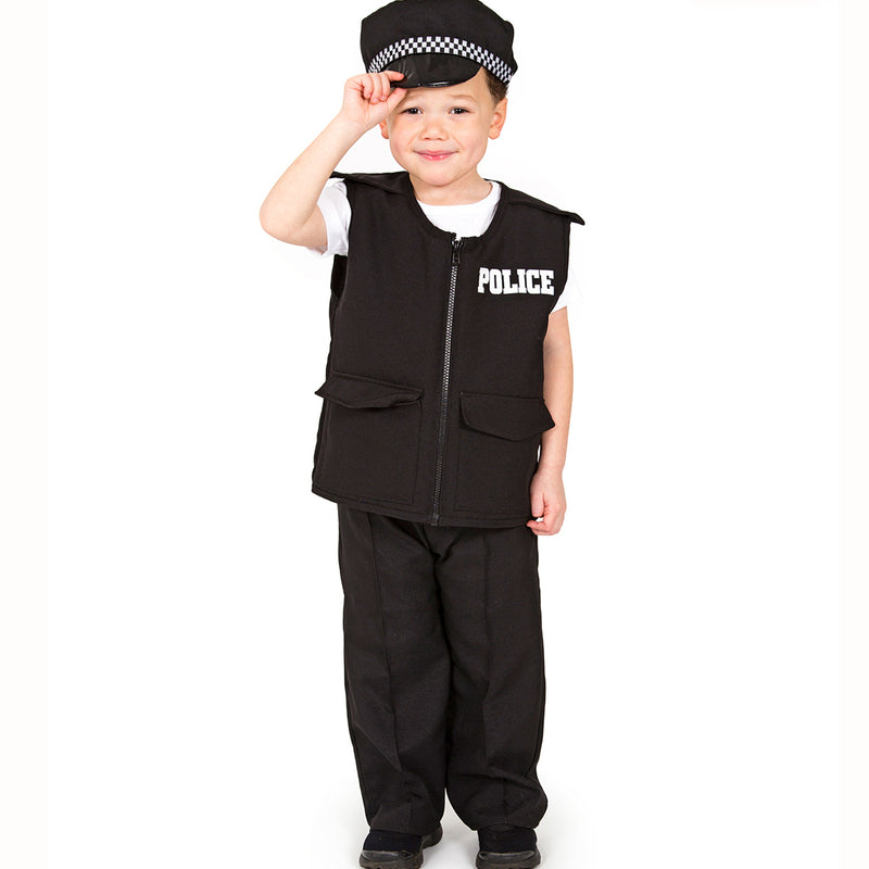 Child's Police officer role play costume. Includes padded jacket, trousers and hat.