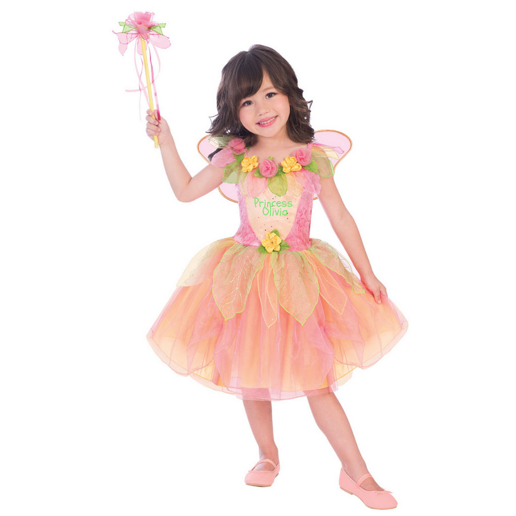Toddler and Child#s peach fairy dress with wings and wand. Embroidered with child's name