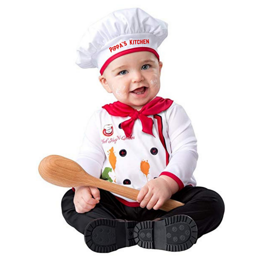 Baby chef costume - jumpsuit with hat - personalise with baby's name on the hat